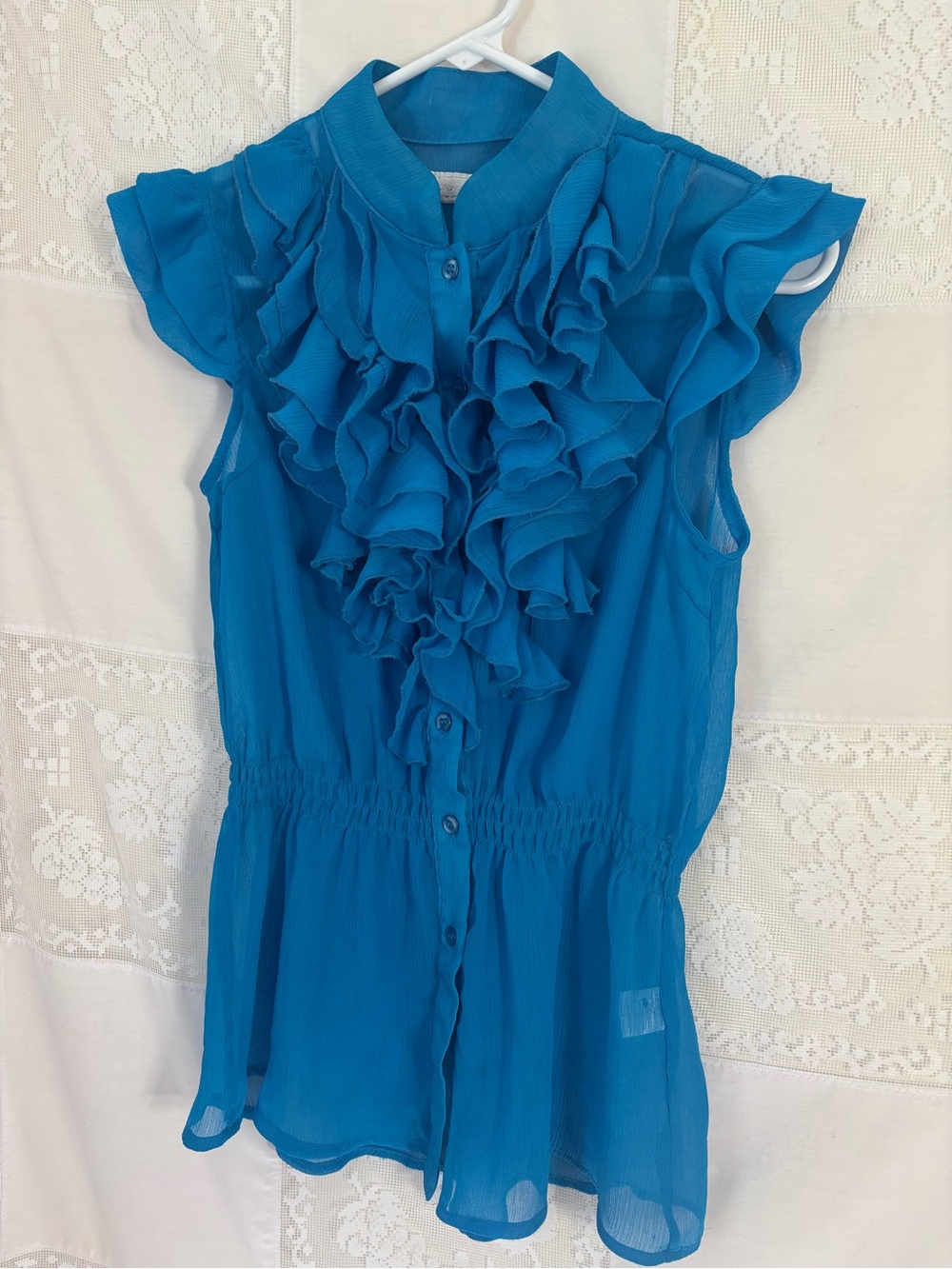 Blue Sheer Ruffle Neck Collared Button‎ Up Sleeveless Boho Chic Blouse Size S-M